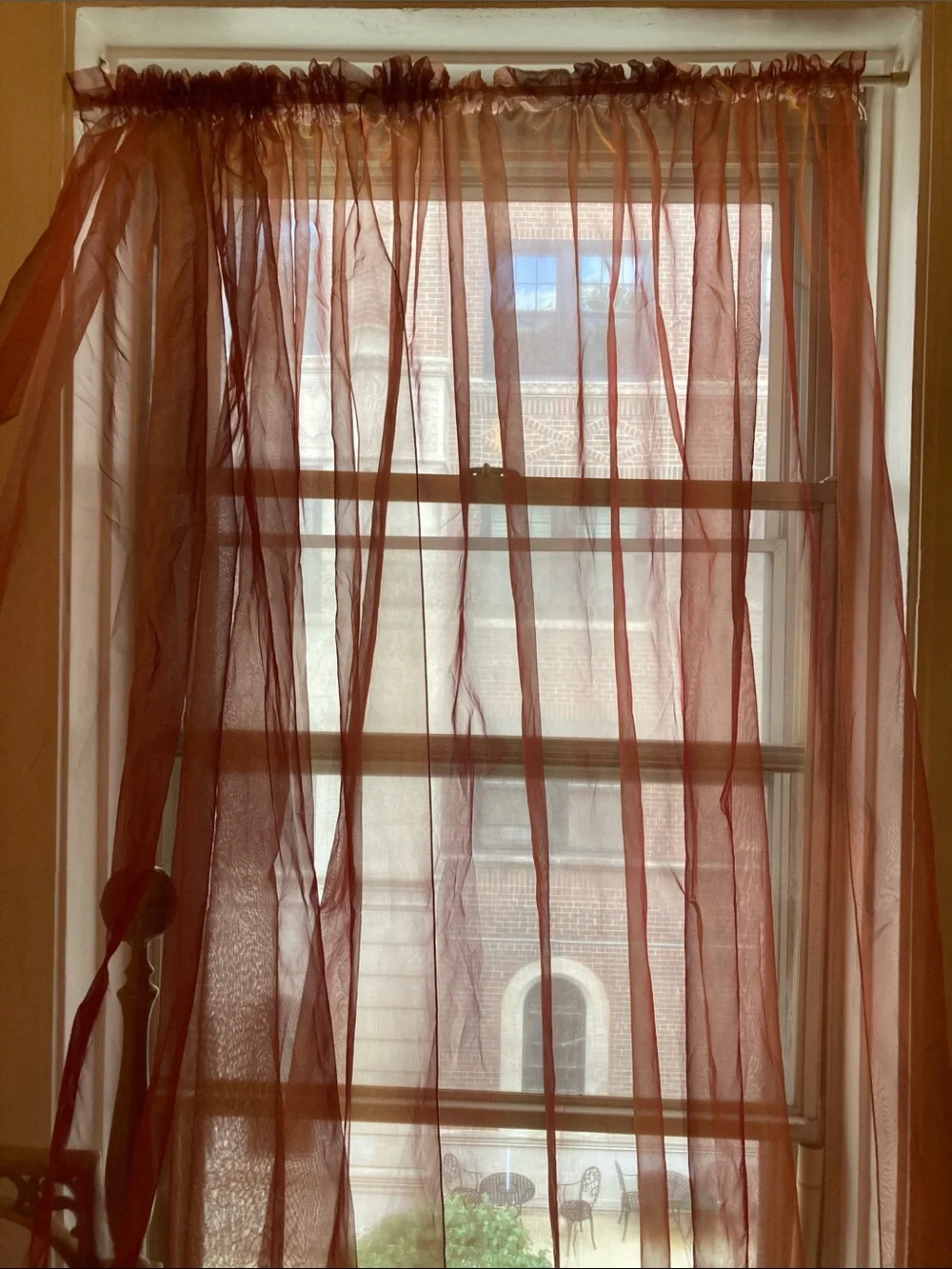 Spectacular French MADURA sheer raspberry/orange drapes